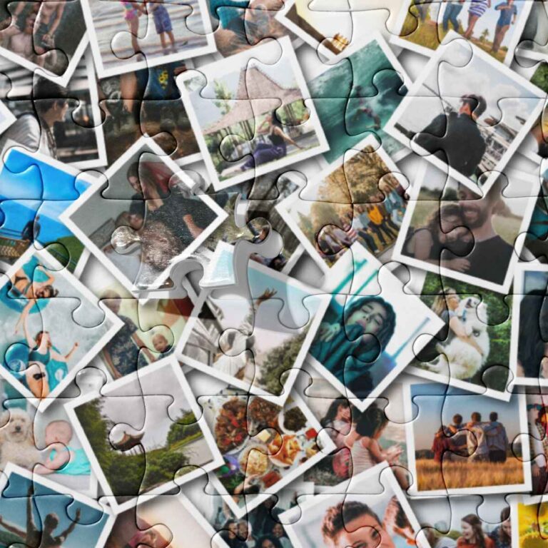 Close-up detail of custom photo collage jigsaw puzzle design.