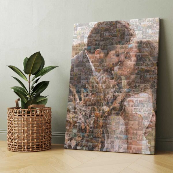 Custom photo mosaic collage canvas print in green room setting Custom photo mosaic collage canvas print of happy couple displayed next to plant in room with green wall and wooden floor.