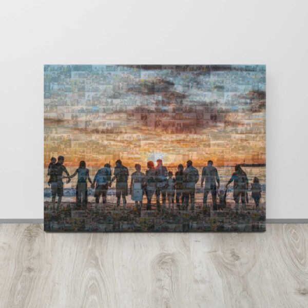 Custom photo mosaic collage print in bright room setting Custom photo mosaic collage print of large family displayed in room with light-colored wall and floor.