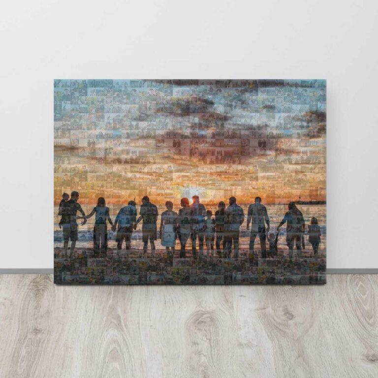 Custom photo mosaic collage print of large family displayed in room with light-colored wall and floor.