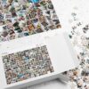 Personalized picture collage jigsaw puzzle on table Personalized picture collage jigsaw puzzle with custom design on table and loose puzzle pieces inside and outside the accompanying box.