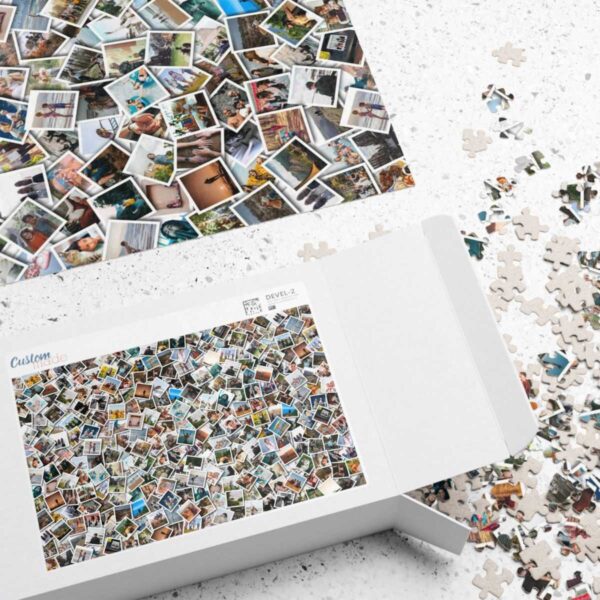Personalized picture collage jigsaw puzzle on table Personalized picture collage jigsaw puzzle with custom design on table and loose puzzle pieces inside and outside the accompanying box.