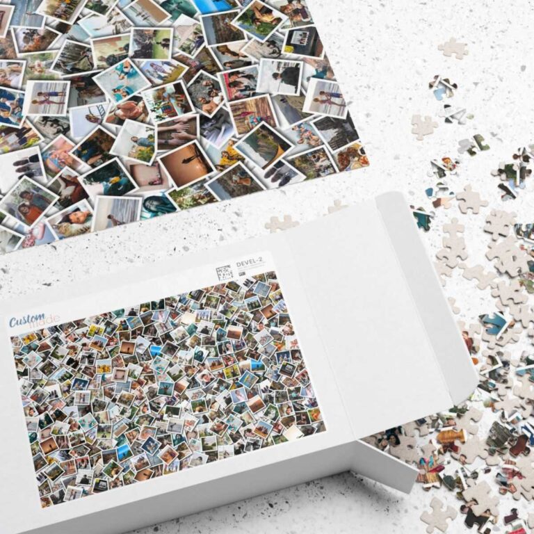 Personalized picture collage jigsaw puzzle with custom design on table and loose puzzle pieces inside and outside the accompanying box.