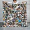 Personalized picture collage blanket held up by woman Personalized picture collage blanket held up by woman in grey room setting.