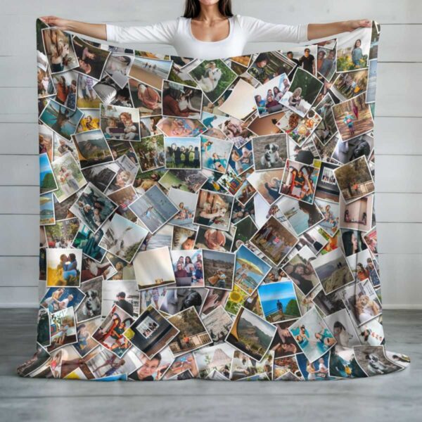 Personalized picture collage blanket held up by woman Personalized picture collage blanket held up by woman in grey room setting.