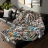 Personalized blanket with custom photo pile collage design Personalized blanket with custom photo pile collage design displayed on dark leather couch in modern room with green plant and wall art prints.
