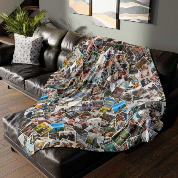 Personalized blanket with custom photo pile collage design Personalized blanket with custom photo pile collage design displayed on dark leather couch in modern room with green plant and wall art prints.