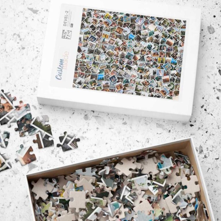 Custom photo collage jigsaw puzzle with personalized design on table and loose puzzle pieces inside and outside the accompanying box.