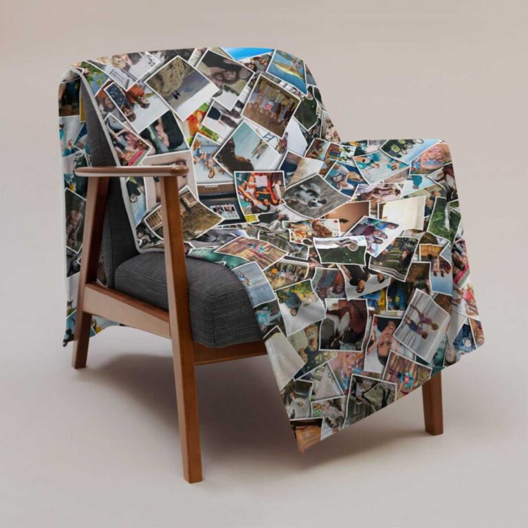 Personalized photo collage blanket with custom pictures displayed on chair sofa in modern grey space.