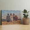 Personalized photo mosaic collage canvas in green room setting Personalized photo mosaic collage canvas of best friends displayed next to plant in room with green wall and wooden floor.