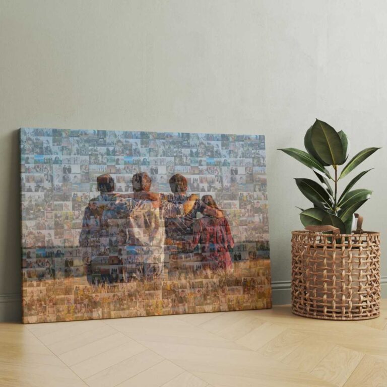 Personalized photo mosaic collage canvas of best friends displayed next to plant in room with green wall and wooden floor.