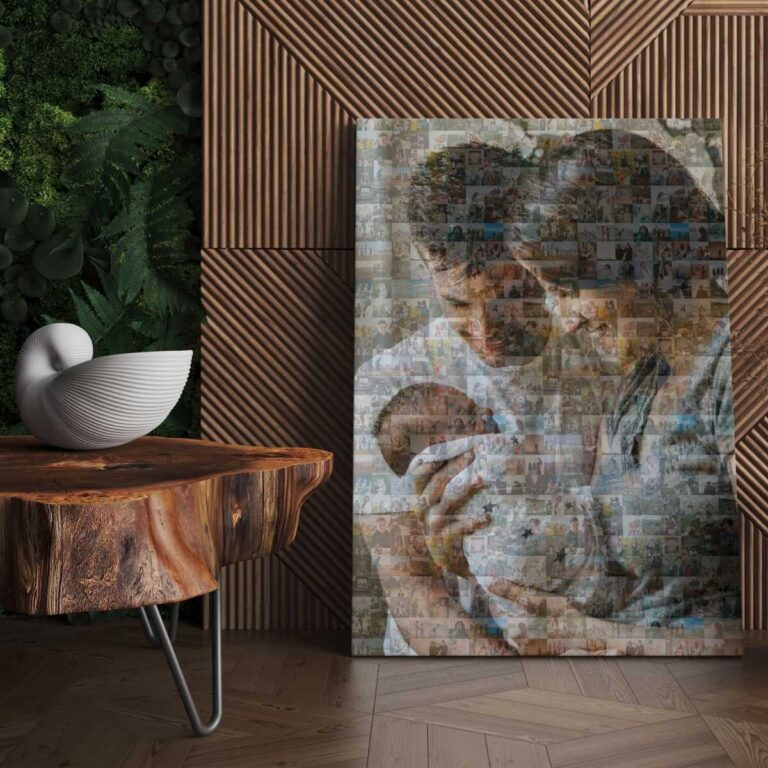 Personalized picture mosaic collage print of couple with baby displayed in stylish room with wooden accents, sculpture, and greenery.