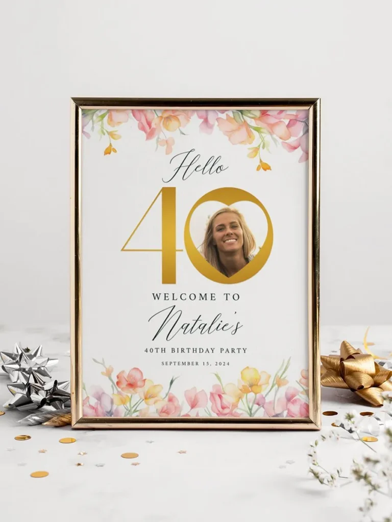 Personalized birthday party welcome sign in gold frame with custom picture, name, and date, displayed on table decorated with confetti and ribbons.