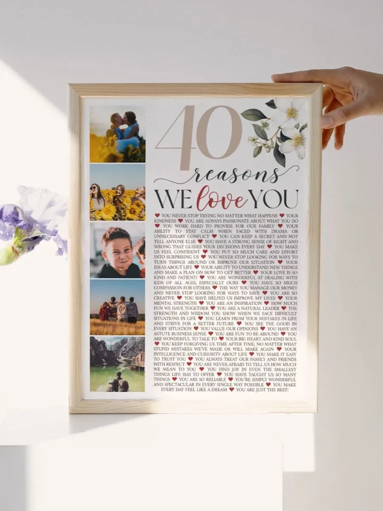 Personalized birthday sign in frame featuring simple photo collage around custom list of forty reasons to love, held upright by hand in bright, light-filled room.