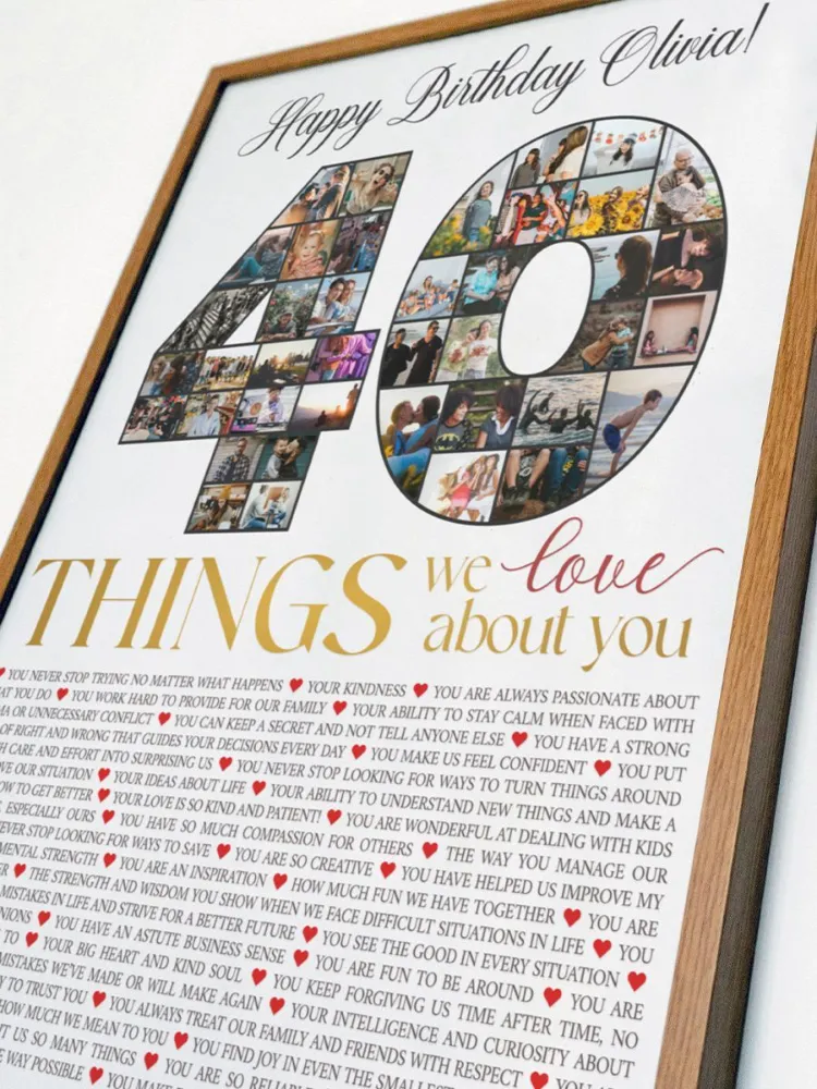 Personalized framed birthday sign with custom message, forty things to love list, and photo collage shaped as the number 40, displayed on white background.