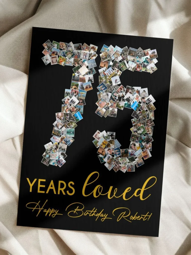 Top view of personalized birthday sign with custom picture collage shaped as number 75 and message in gold lettering on black background, displayed on light fabric.