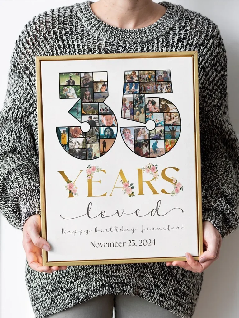 Personalized birthday decor in gold frame with custom date, message, and photo collage shaped as number 35, held by woman in sweater.