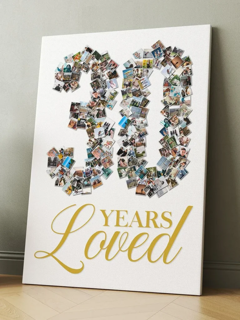 Personalized birthday canvas print featuring custom photo collage shaped as number 30 and gold lettering, displayed in green room with wooden floor.