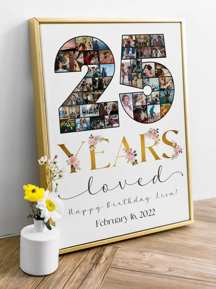 Personalized birthday decor in gold frame with custom date, message, and photo collage shaped as the number 25, displayed in room setting with wooden floor and white vase of flowers.