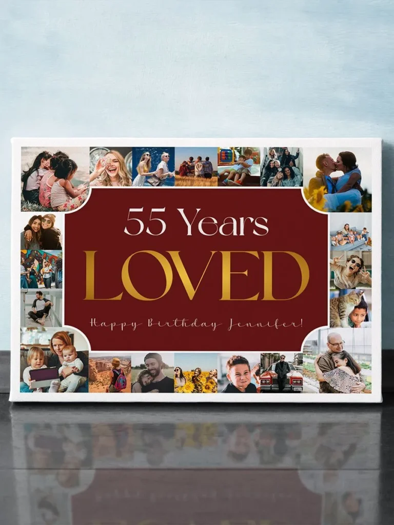 Personalized canvas print with custom photo collage surrounding birthday message in landscape orientation, displayed on glossy surface.