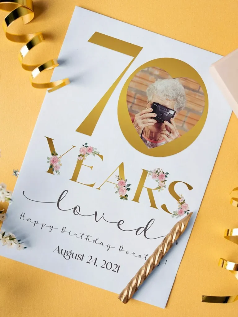 Top view of personalized birthday sign with custom photo, date, and message on yellow background decorated with confetti and candle.