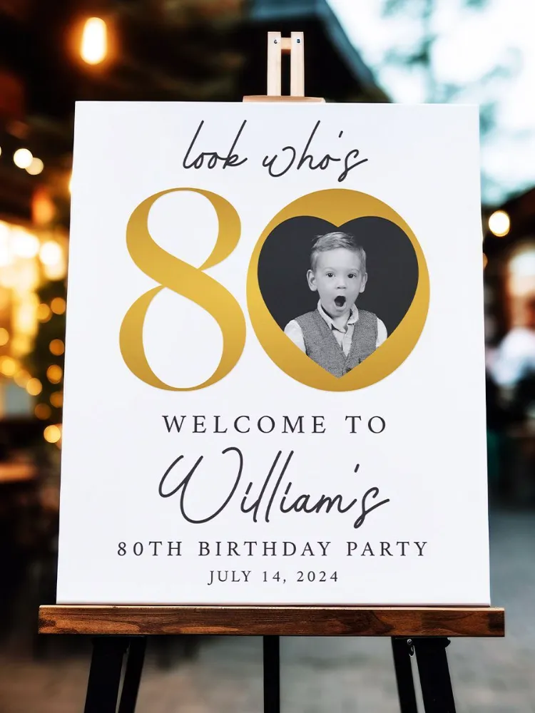 Personalized birthday party welcome sign with custom photo, name and date, displayed on elegant easel with decorative lights in background.