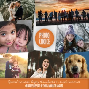 Picture arrangement illustrating the ability to design a creative personalized photo display by selecting favorite images of special moments, happy throwbacks, or sweet memories.
