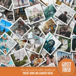 Glossy jigsaw puzzle sample demonstrating vibrant colors and durable, high-quality finish.