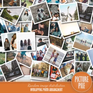 Picture pile collage design sample showing overlapping photo layout and randomized image distribution.