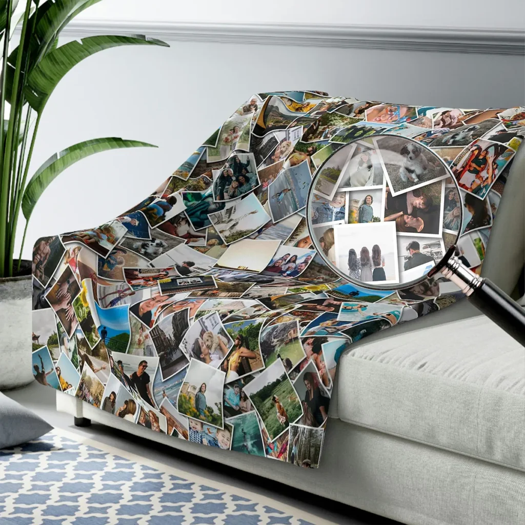 Custom photo collage blanket on a couch with a magnifying glass highlighting the distinctive picture pile appearance of the personalized design.