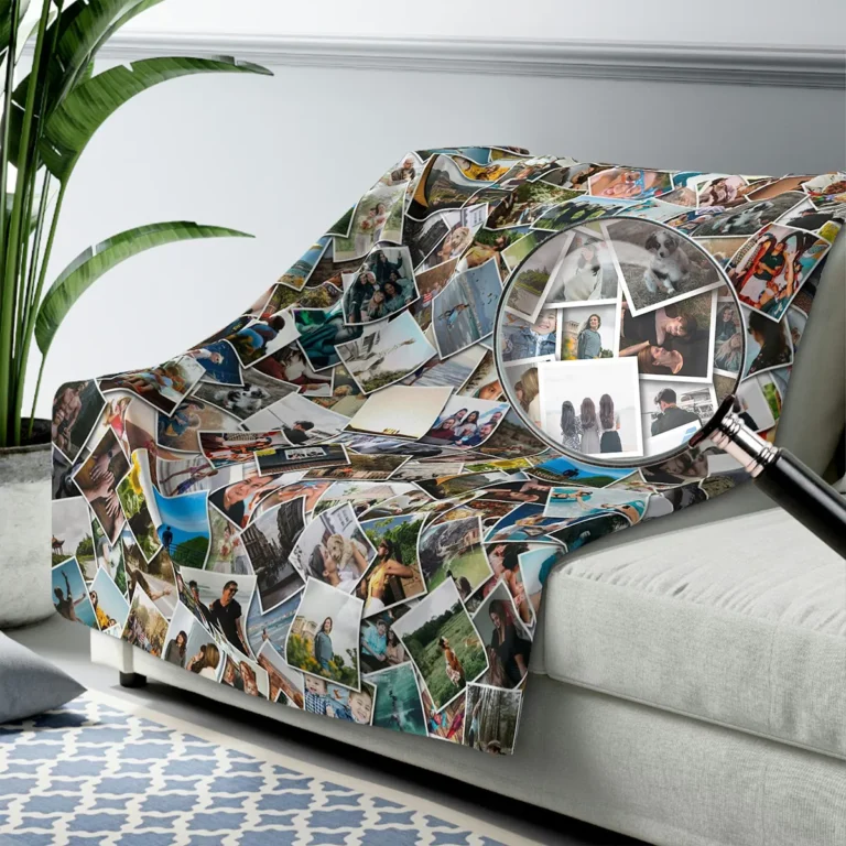 Custom photo collage blanket on a couch with a magnifying glass highlighting the distinctive picture pile appearance of the personalized design.