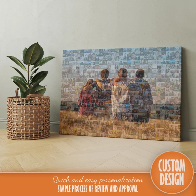 Custom photo mosaic canvas print next to a plant, showcasing a personalized design with pictures of friends.