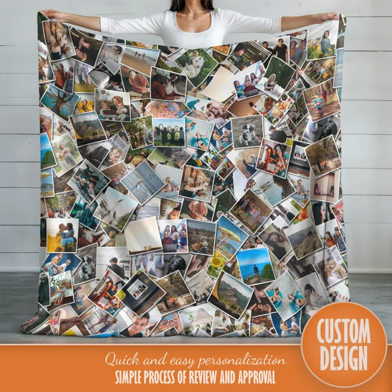 Custom picture collage blanket featuring a personalized selection of photos, held up by a woman showcasing the unique design.