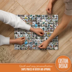Hands of two people assembling a photo collage jigsaw puzzle on the floor, demonstrating the custom design and simple personalization process.