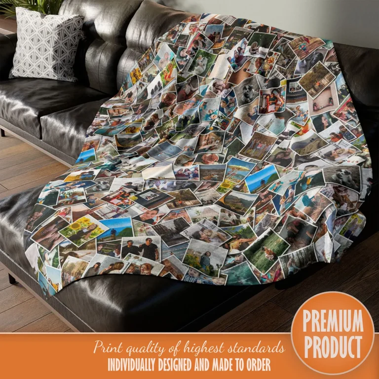 Personalized throw blanket with photo collage print displayed on a large leather couch, featuring a custom design with a picture pile effect.