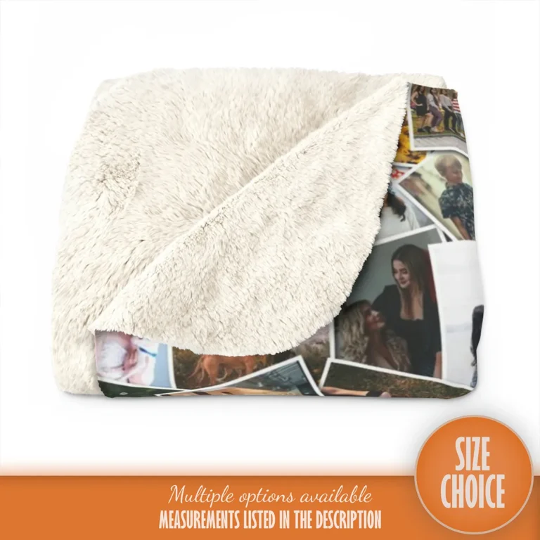 Close-up corner detail of a personalized photo collage blanket, available in multiple sizes.