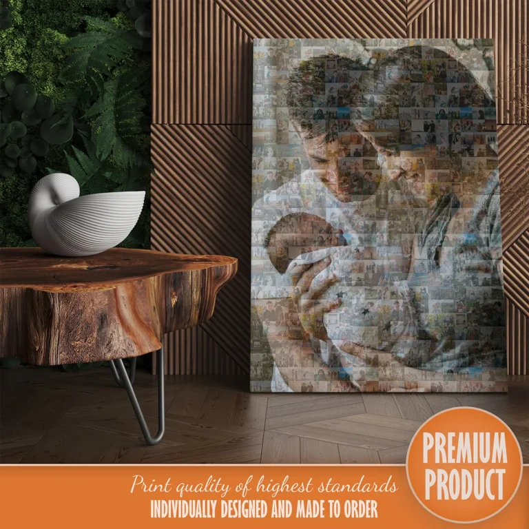 Personalized family photo mosaic displayed in a modern room, showcasing custom collage design and high-quality print.