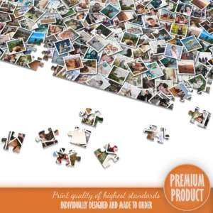 Personalized jigsaw puzzle on white background with loose pieces, illustrating the custom collage design and high print quality.