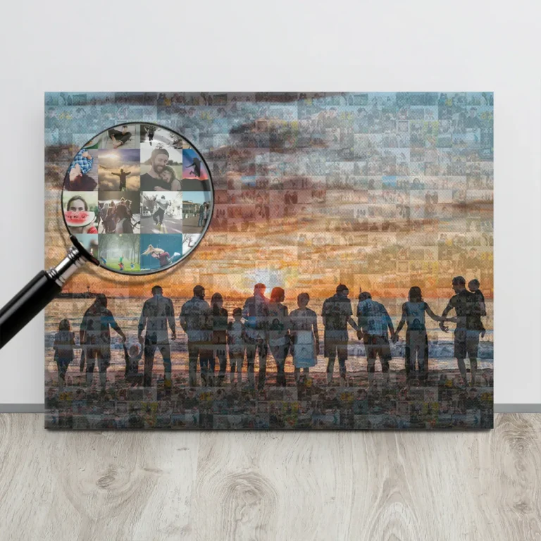 Photo mosaic canvas print with magnifying glass focusing on a personalized design detail and pattern technique.