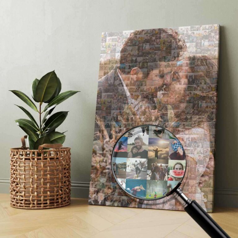 Custom canvas print featuring mosaic photo collage of happy couple, highlighted by magnifying glass focused on pattern design detail, displayed on wooden floor next to green wall and plant.